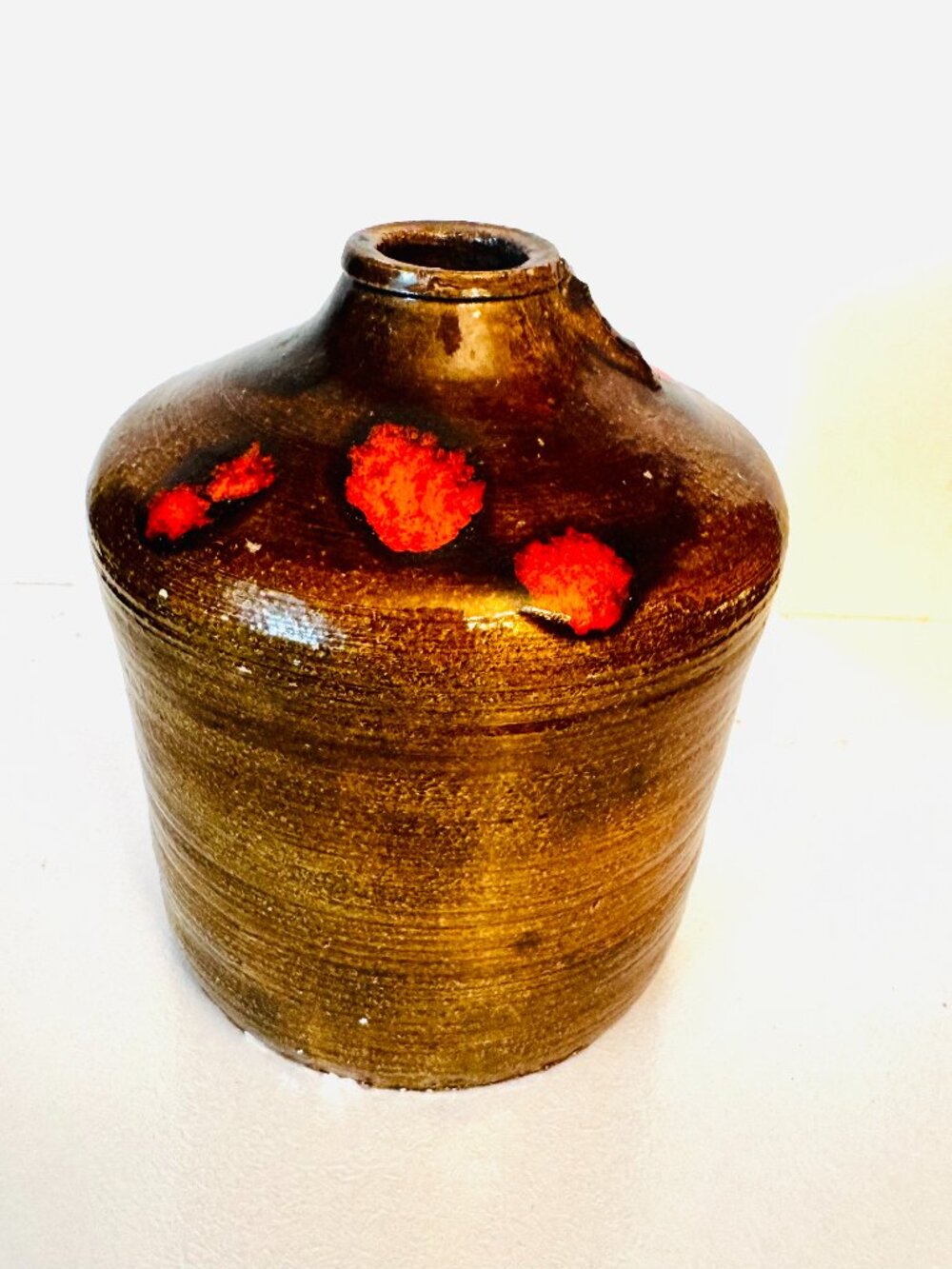 Vtg Stoneware Studio Pottery Vase Brown Coral Spot Drip Glaze Artist Signed READ